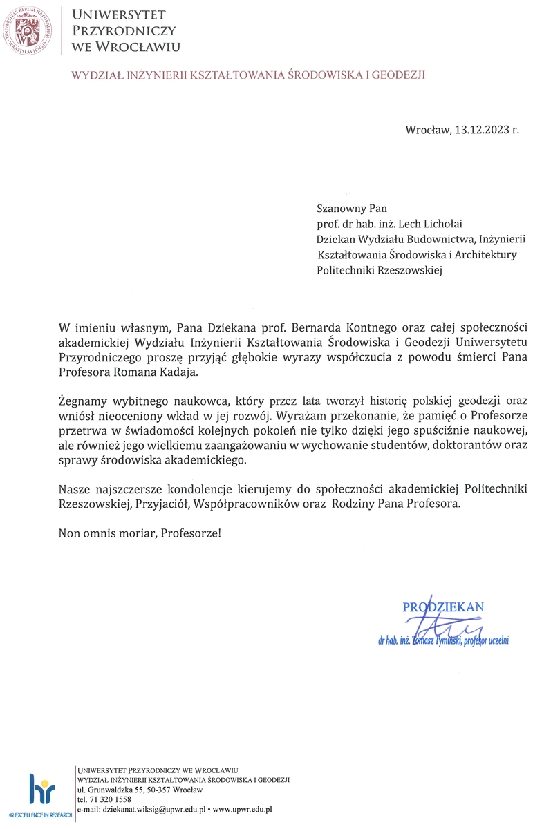 Kondolencje dotyczące zmarłego prof. dr. hab. inż. Romana Kadaja - Uniwersytet Przyrodniczy we Wrocławiu