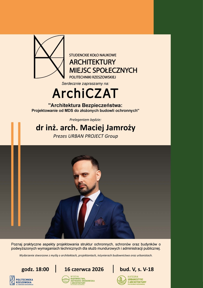 ArchiCAT - dr inż. arch. Maciej Jamroży - 16 czerwca 2026 r. (wtorek) godz. 18:00 sala V-18 - plakat