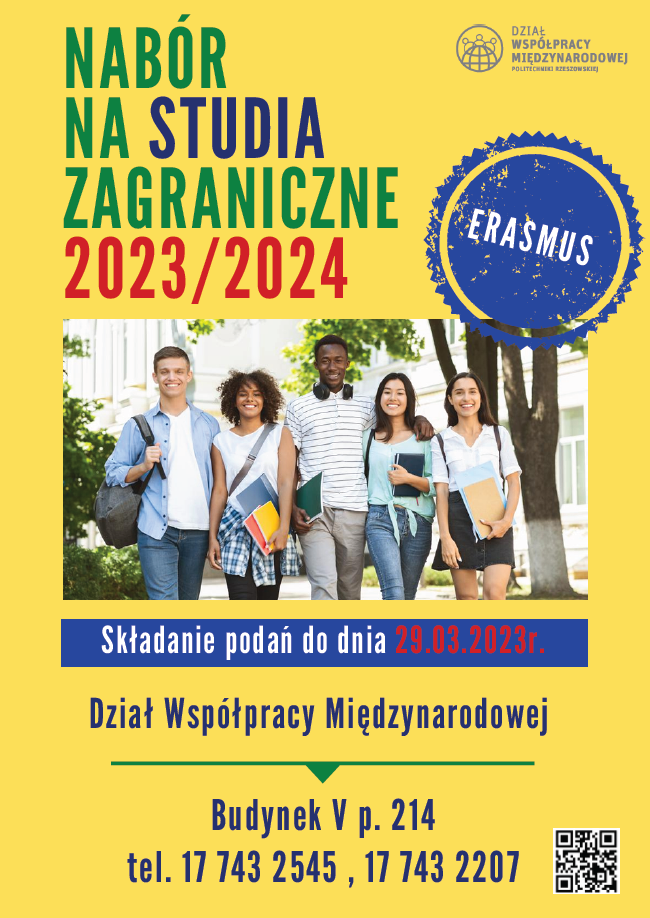 Nabór na studia zagraniczne 2023/2024 - Erasmus+ - Składanie podań do dnia 29.03.2023 r. - plakat