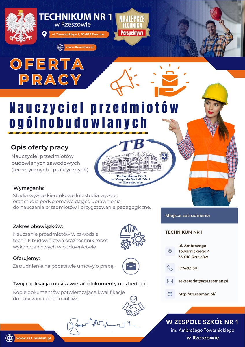 Oferta pracy - Nauczyciel przedmiotów ogólnobudowlanych w Technikum Nr 1 w Rzeszowie.