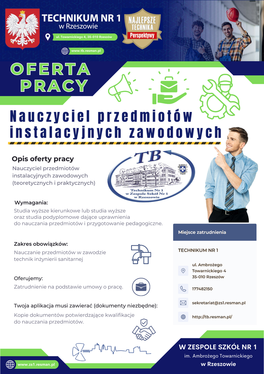 Oferta pracy na stanowisko nauczyciela przedmiotów instalacyjnych zawodowych (teoretycznych i praktycznych) - plakat