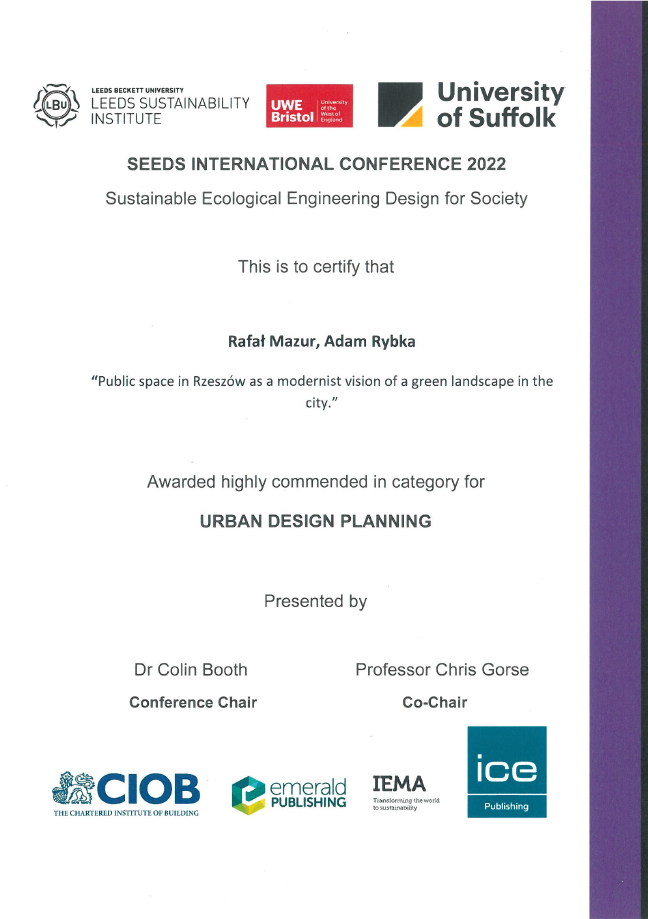 Wyróżnienie Highly Commended w kategorii Urban Planning na konferencji International Sustainable Ecological Engineering Design for Society [SEEDS