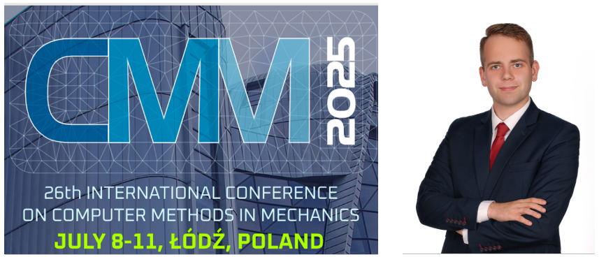 Baner konferencji CMM-2025 i zdjęcie wyróżnionego pracownika - Pana mgr. inż. Przemysława Smeli.