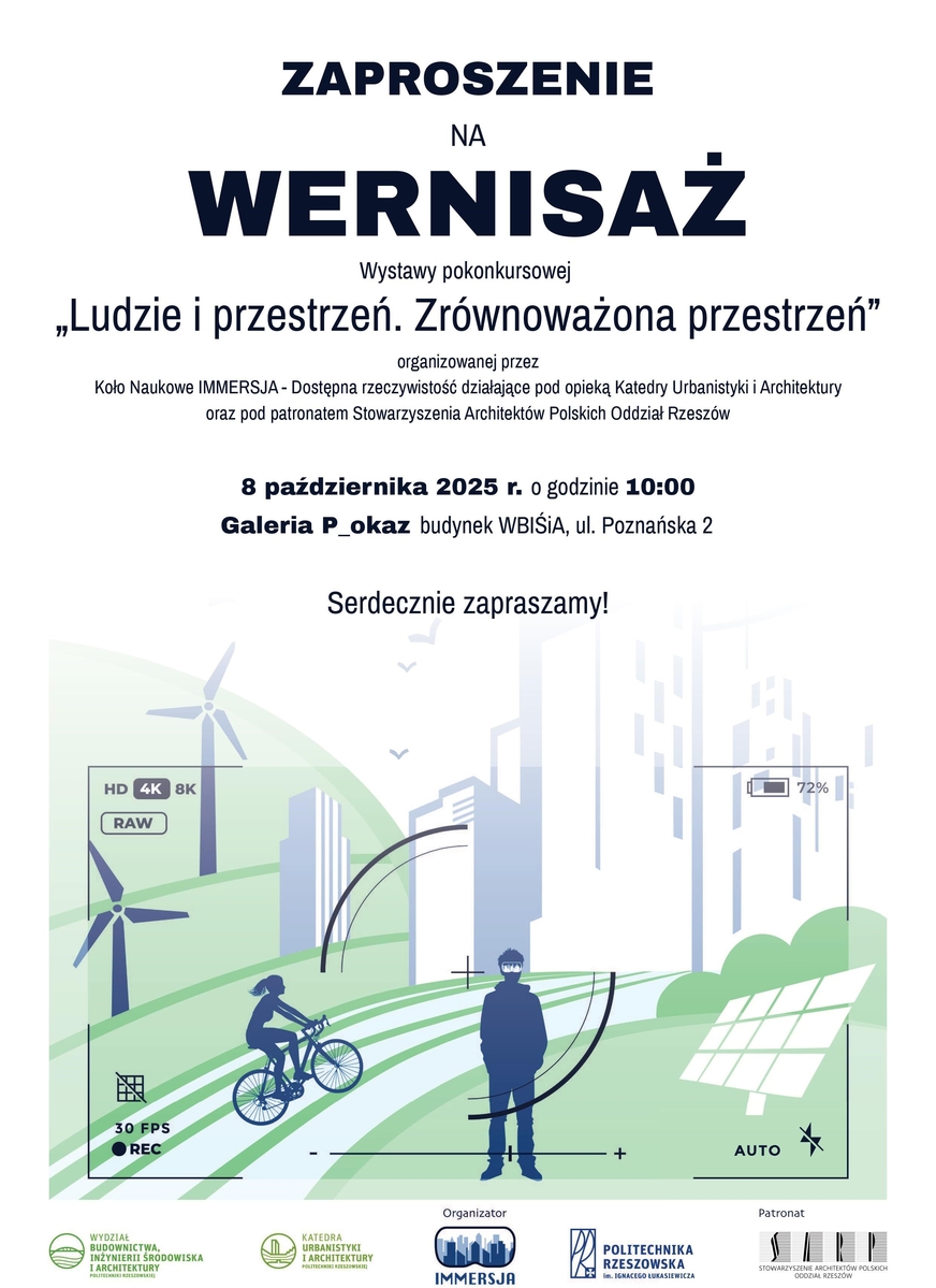 Na białym tle w górnej części grafiki czarne napisy informujące o tematyce, czasie i miejscu wystawy. Główny napis: zaproszenie na wernisaż. W dolnej części: jasna zielono-niebieska grafika pokazująca w uproszczony sposób krajobraz miejski. Na dole w jednej linii 5 mniejszych grafik.