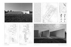 Plansza przedstawia wizualizacje projektowanego budynku, rysunki zagospodarowania terenu  i krótki opis do pracy magisterskiej