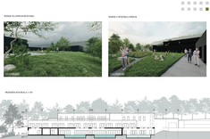 Praca dyplomowa mgr inż. arch. Pauliny Więcek przedstawiająca przekrój i wizualizacje budynku.