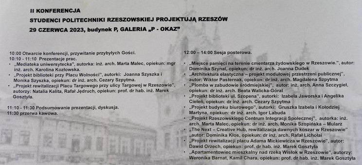 Program Drugiej Konferencji "Studenci Politechniki Rzeszowskiej projektują Rzeszów", fot. mgr Dawid Zientek