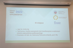 Prezentacja III nagrody - mgr inż. Anita Saj - Temat pracy: "Analiza awaryjności sieci kanalizacyjnej w wybranym mieście województwa podkarpackiego". Promotor: dr hab. inż. Katarzyna Pietrucha - Urbanik, prof. PRz.