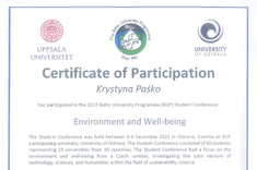 Certyfikat uczestnictwa w Międzynarodowej Konferencji Studenckiej Baltic University Programme (BUP): „Environment and Well-being” Pani Krystyny Paśko.
