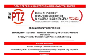 Ogólnopolska Konferencja Naukowo-Techniczna &#34;Aktualne problemy transportu zbiorowego w miastach i aglomeracjach PTZ&#39;2023&#34; - plakat
