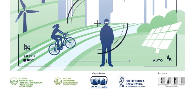 Na białym tle jasna zielono-niebieska grafika pokazująca w uproszczony sposób krajobraz miejski – wysokie bloki, wiatraki, kobietę na rowerze. Po środku sylwetka mężczyzny w okularach. Na dole w jednej linii 5 mniejszych grafik – symboli wydziału, katedry, koła naukowego, PRz, SARP.