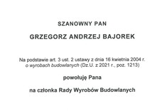 Akt powołania dr. inż. Grzegorza Bajorka, prof. Uczelni na członka Rady Wyrobów Budowlanych.