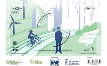 Na białym tle jasna zielono-niebieska grafika pokazująca w uproszczony sposób krajobraz miejski – wysokie bloki, wiatraki, kobietę na rowerze. Po środku sylwetka mężczyzny w okularach. Na dole w jednej linii 5 mniejszych grafik – symboli wydziału, katedry, koła naukowego, PRz, SARP.