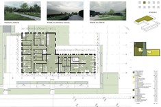 Praca dyplomowa mgr inż. arch. Pauliny Więcek przedstawiająca rzut i wizualizacje budynku.