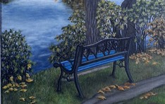 Obraz przedstawiający ławkę w parku, jezioro oraz drzewo w czasie jesieni