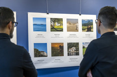 Na białej planszy umieszone osiem kolorowych zdjęć. Plansza zawieszona na ciemno niebieskiej ścianie. Dwóch mężczyzn ubranych na czarno przygląda się planszy ze zdjęciami.