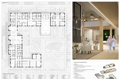 Praca dyplomowa mgr. inż. arch. Przemysława Dybasia przedstawiająca rzut i wizualizację wnętrza budynku.