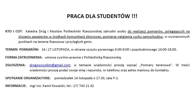 Praca dla studentów w Katedrze Dróg i Mostów w dniach 16-17 listopada 2022 r. - ogłoszenie