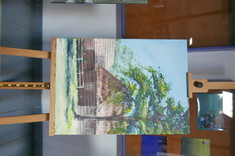 Praca malarska przedstawiająca skansen w Kolbuszowej autorstwa Wiktorii Niemczyk, fot. mgr inż. arch. Beata Raś.