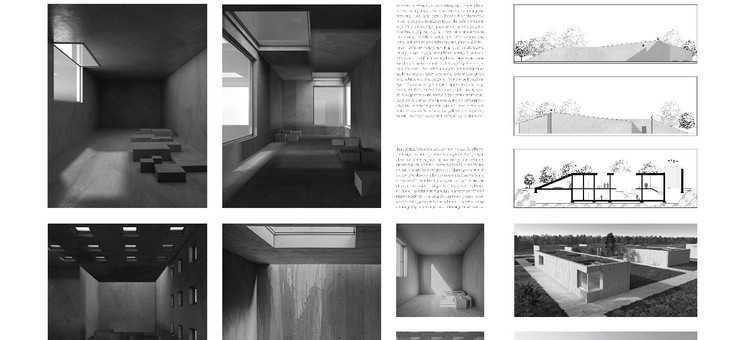 Plansza przedstawia wizualizacje wnętrz, przekroje  projektowanego budynku i krótki opis do pracy magisterskiej