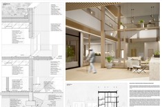 Praca dyplomowa mgr. inż. arch. Przemysława Dybasia przedstawiająca detal, przekrój i wizualizację wnętrza budynku.